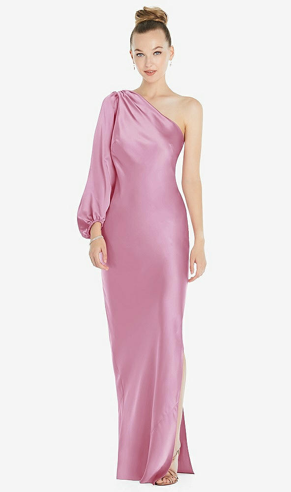 Front View - Powder Pink One-Shoulder Puff Sleeve Maxi Bias Dress with Side Slit