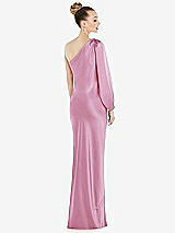 Rear View Thumbnail - Powder Pink One-Shoulder Puff Sleeve Maxi Bias Dress with Side Slit