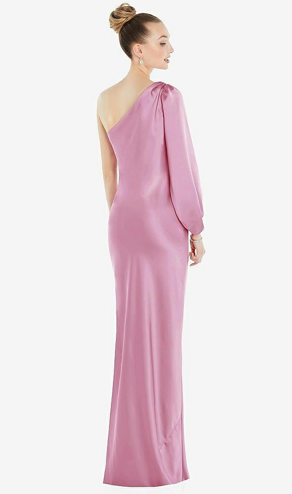 Back View - Powder Pink One-Shoulder Puff Sleeve Maxi Bias Dress with Side Slit
