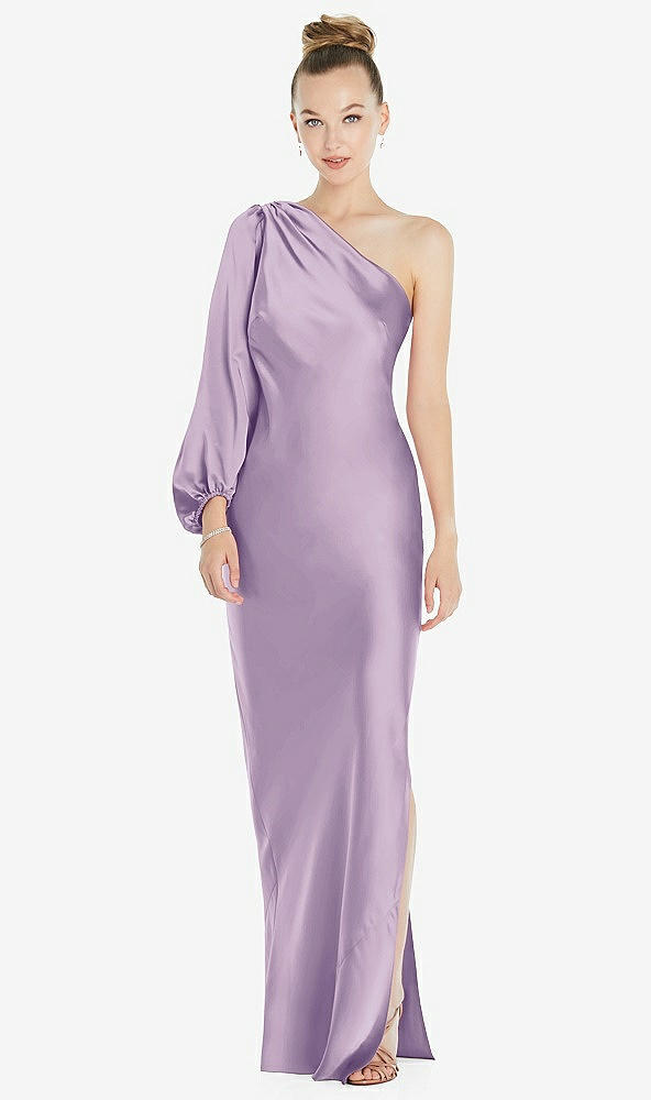 Front View - Pale Purple One-Shoulder Puff Sleeve Maxi Bias Dress with Side Slit