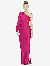 Front View Thumbnail - Think Pink One-Shoulder Puff Sleeve Maxi Bias Dress with Side Slit
