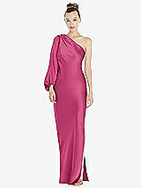 Front View Thumbnail - Tea Rose One-Shoulder Puff Sleeve Maxi Bias Dress with Side Slit