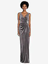 Front View Thumbnail - Caviar Gray Draped Skirt Faux Wrap Velvet Maxi Dress