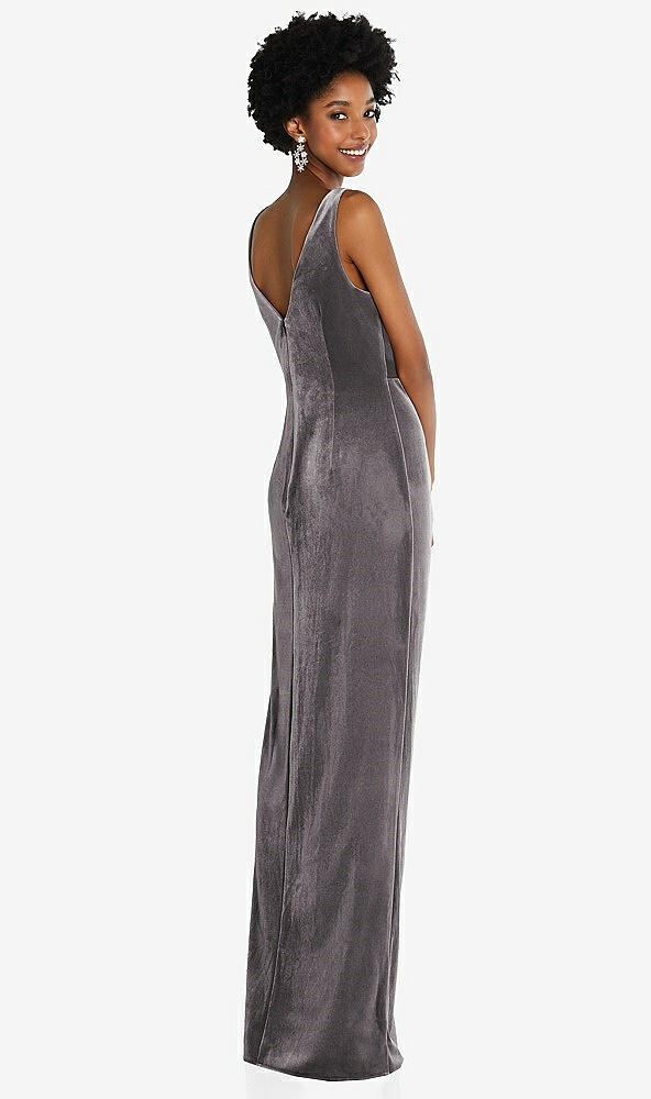 Back View - Caviar Gray Draped Skirt Faux Wrap Velvet Maxi Dress