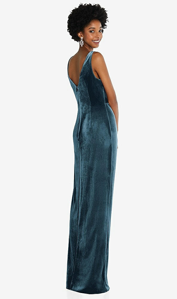 Back View - Dutch Blue Draped Skirt Faux Wrap Velvet Maxi Dress