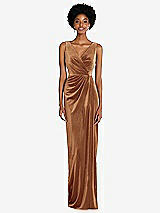 Front View Thumbnail - Golden Almond Draped Skirt Faux Wrap Velvet Maxi Dress
