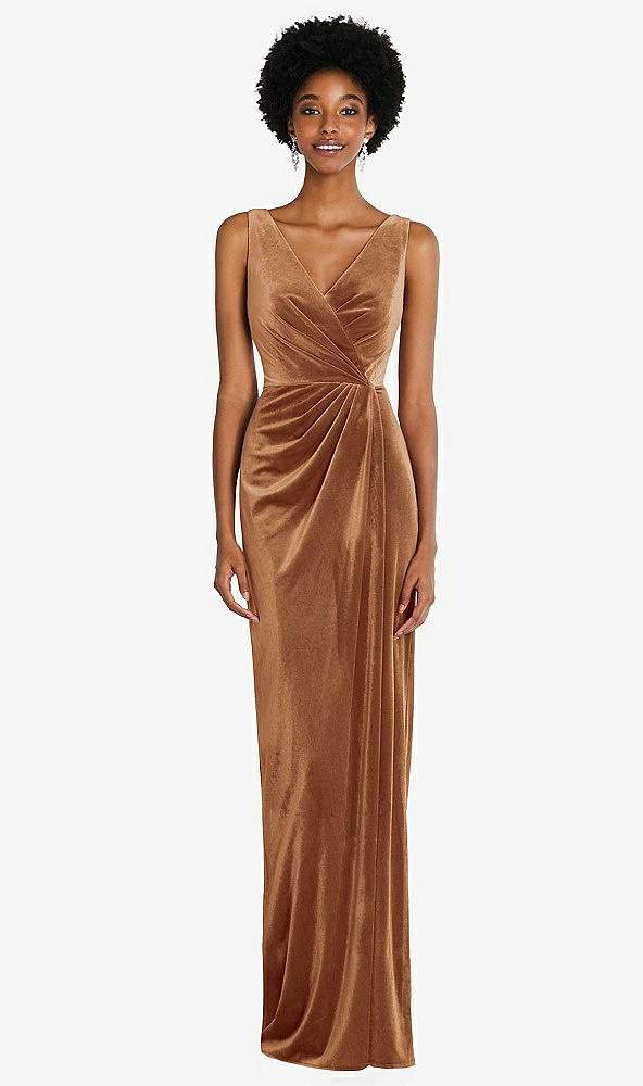 Front View - Golden Almond Draped Skirt Faux Wrap Velvet Maxi Dress