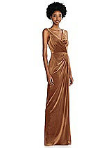 Side View Thumbnail - Golden Almond Draped Skirt Faux Wrap Velvet Maxi Dress