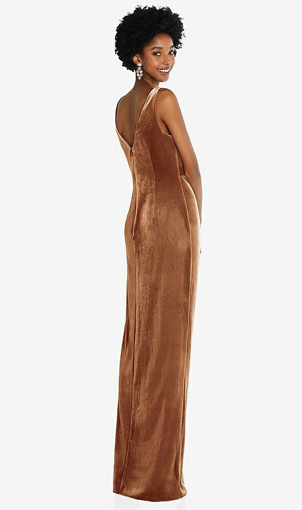 Back View - Golden Almond Draped Skirt Faux Wrap Velvet Maxi Dress