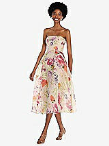 Front View Thumbnail - Penelope Floral Print Strapless Pink Floral Organdy Midi Dress