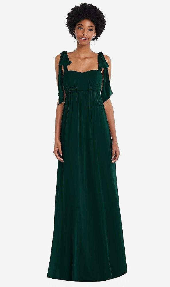 Front View - Evergreen Convertible Tie-Shoulder Empire Waist Maxi Dress