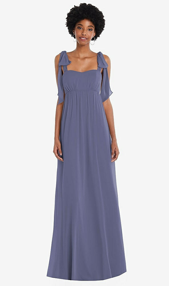 Front View - French Blue Convertible Tie-Shoulder Empire Waist Maxi Dress