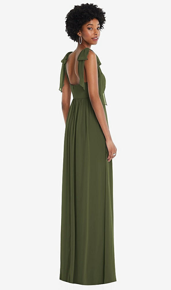 Back View - Olive Green Convertible Tie-Shoulder Empire Waist Maxi Dress