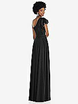 Rear View Thumbnail - Black Draped One-Shoulder Flutter Sleeve Maxi Dress with Front Slit