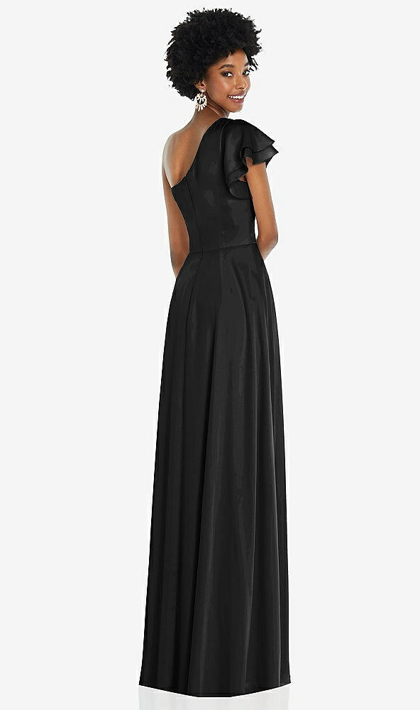 Back View - Black Draped One-Shoulder Flutter Sleeve Maxi Dress with Front Slit