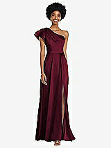 Front View Thumbnail - Cabernet Draped One-Shoulder Flutter Sleeve Maxi Dress with Front Slit