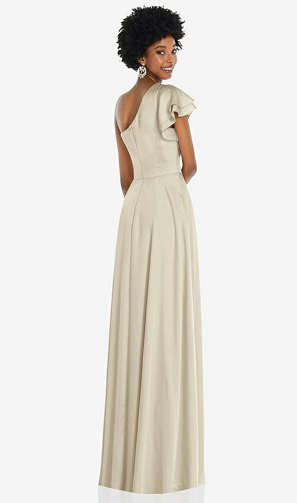 Back View - Champagne Draped One-Shoulder Flutter Sleeve Maxi Dress with Front Slit