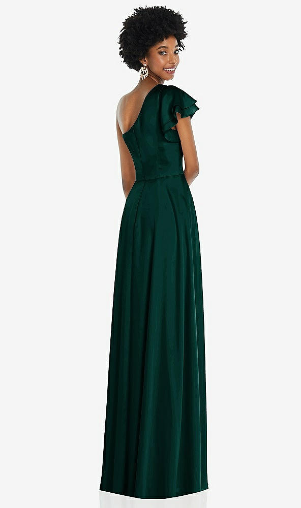 Back View - Evergreen Draped One-Shoulder Flutter Sleeve Maxi Dress with Front Slit