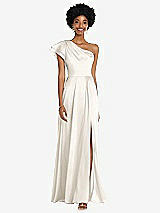 Front View Thumbnail - Ivory Draped One-Shoulder Flutter Sleeve Maxi Dress with Front Slit