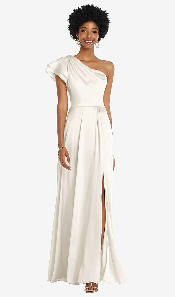 Front View - Ivory Draped One-Shoulder Flutter Sleeve Maxi Dress with Front Slit
