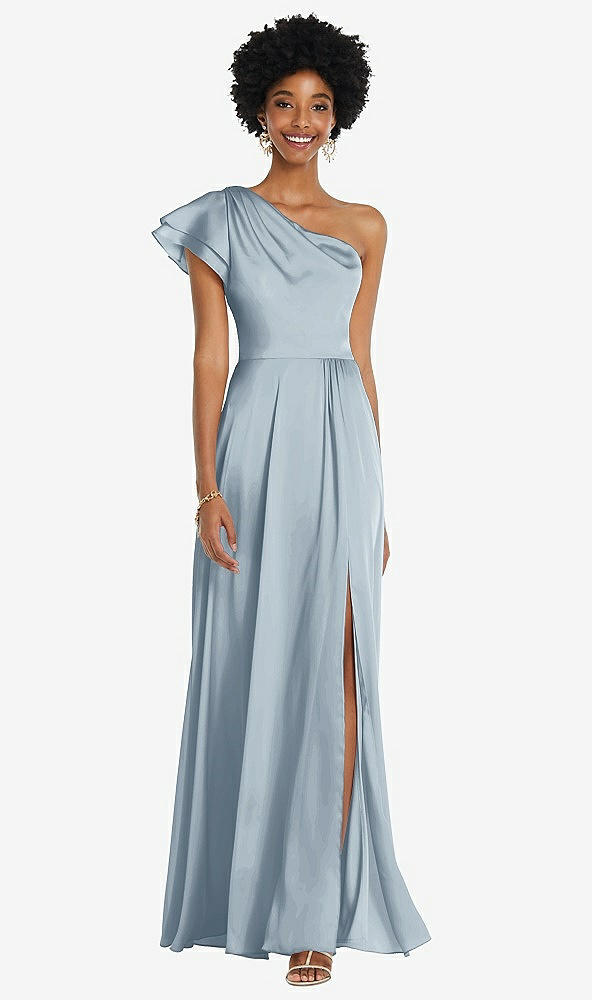 Front View - Mist Draped One-Shoulder Flutter Sleeve Maxi Dress with Front Slit