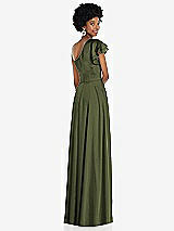 Rear View Thumbnail - Olive Green Draped One-Shoulder Flutter Sleeve Maxi Dress with Front Slit