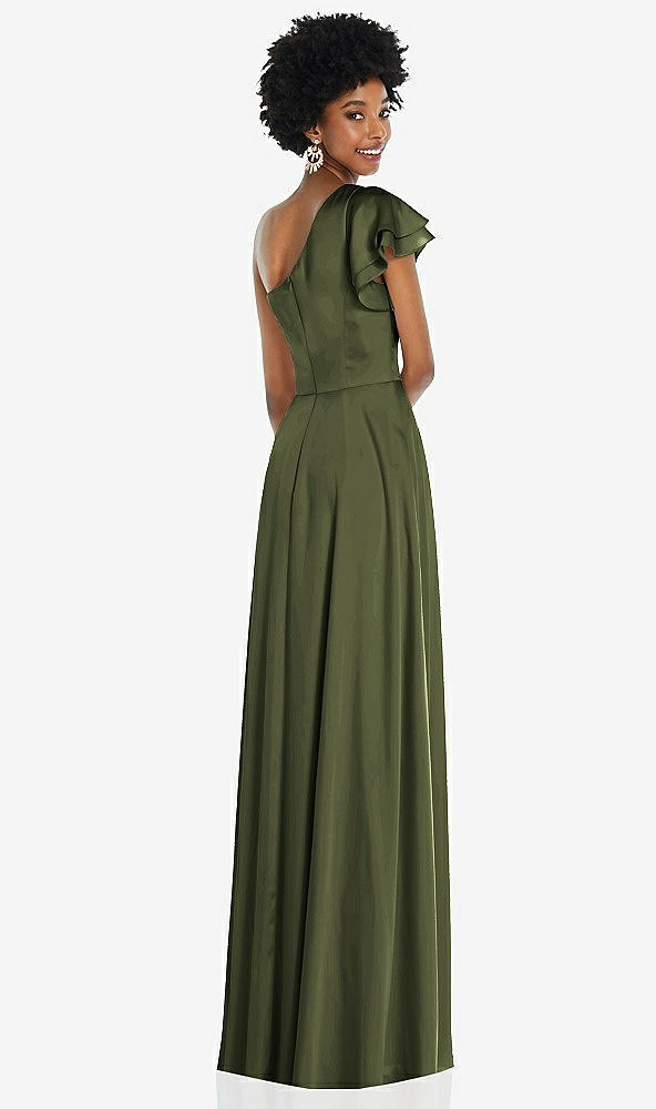 Back View - Olive Green Draped One-Shoulder Flutter Sleeve Maxi Dress with Front Slit