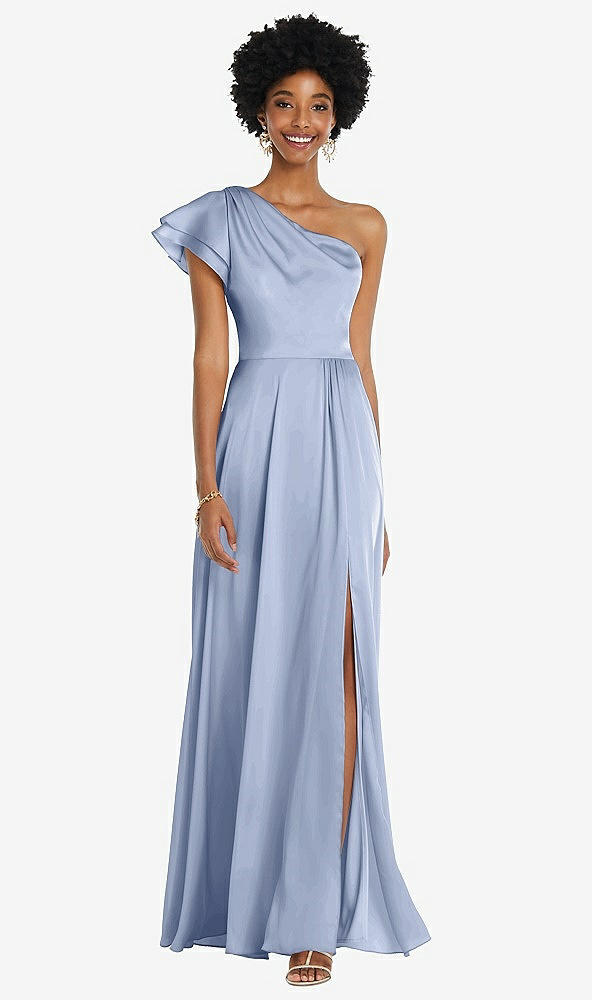 Front View - Sky Blue Draped One-Shoulder Flutter Sleeve Maxi Dress with Front Slit
