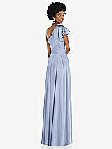 Rear View Thumbnail - Sky Blue Draped One-Shoulder Flutter Sleeve Maxi Dress with Front Slit