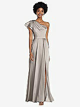 Front View Thumbnail - Taupe Draped One-Shoulder Flutter Sleeve Maxi Dress with Front Slit