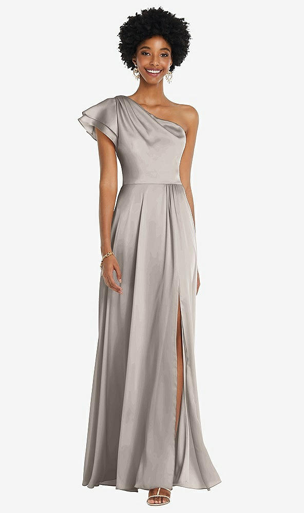 Front View - Taupe Draped One-Shoulder Flutter Sleeve Maxi Dress with Front Slit