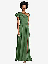 Front View Thumbnail - Vineyard Green Draped One-Shoulder Flutter Sleeve Maxi Dress with Front Slit