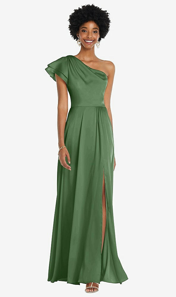 Front View - Vineyard Green Draped One-Shoulder Flutter Sleeve Maxi Dress with Front Slit
