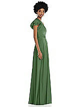 Side View Thumbnail - Vineyard Green Draped One-Shoulder Flutter Sleeve Maxi Dress with Front Slit