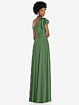 Rear View Thumbnail - Vineyard Green Draped One-Shoulder Flutter Sleeve Maxi Dress with Front Slit