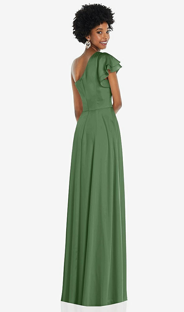 Back View - Vineyard Green Draped One-Shoulder Flutter Sleeve Maxi Dress with Front Slit