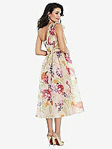 Rear View Thumbnail - Penelope Floral Print Scarf-Tie One-Shoulder Pink Floral Organdy Midi Dress 