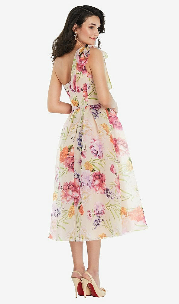 Back View - Penelope Floral Print Scarf-Tie One-Shoulder Pink Floral Organdy Midi Dress 