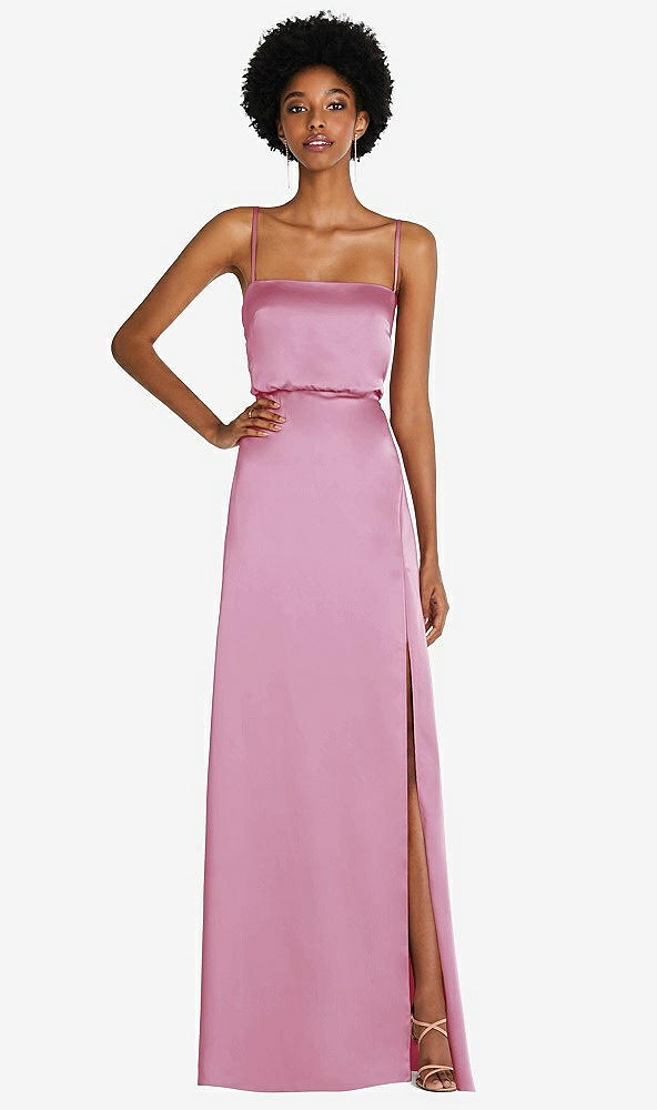Front View - Powder Pink Low Tie-Back Maxi Dress with Adjustable Skinny Straps