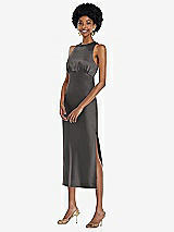 Front View Thumbnail - Caviar Gray Jewel Neck Sleeveless Midi Dress with Bias Skirt