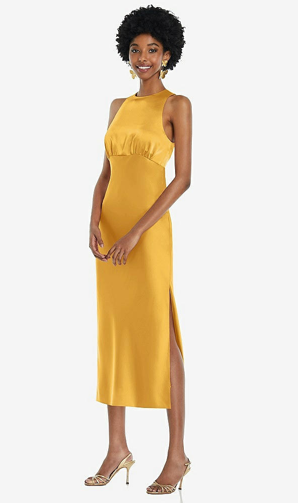 Front View - NYC Yellow Jewel Neck Sleeveless Midi Dress with Bias Skirt