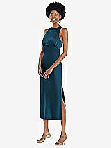 Front View Thumbnail - Atlantic Blue Jewel Neck Sleeveless Midi Dress with Bias Skirt