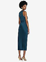 Rear View Thumbnail - Atlantic Blue Jewel Neck Sleeveless Midi Dress with Bias Skirt