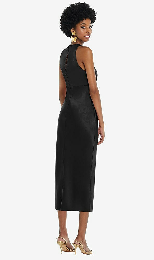 Back View - Black Jewel Neck Sleeveless Midi Dress with Bias Skirt