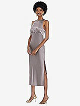 Front View Thumbnail - Cashmere Gray Jewel Neck Sleeveless Midi Dress with Bias Skirt