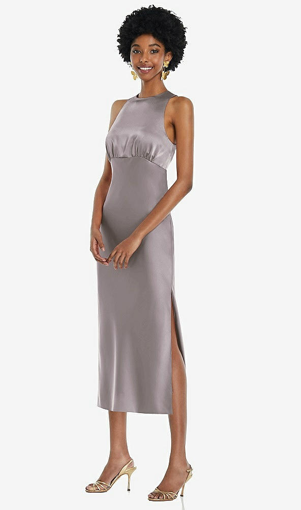 Front View - Cashmere Gray Jewel Neck Sleeveless Midi Dress with Bias Skirt