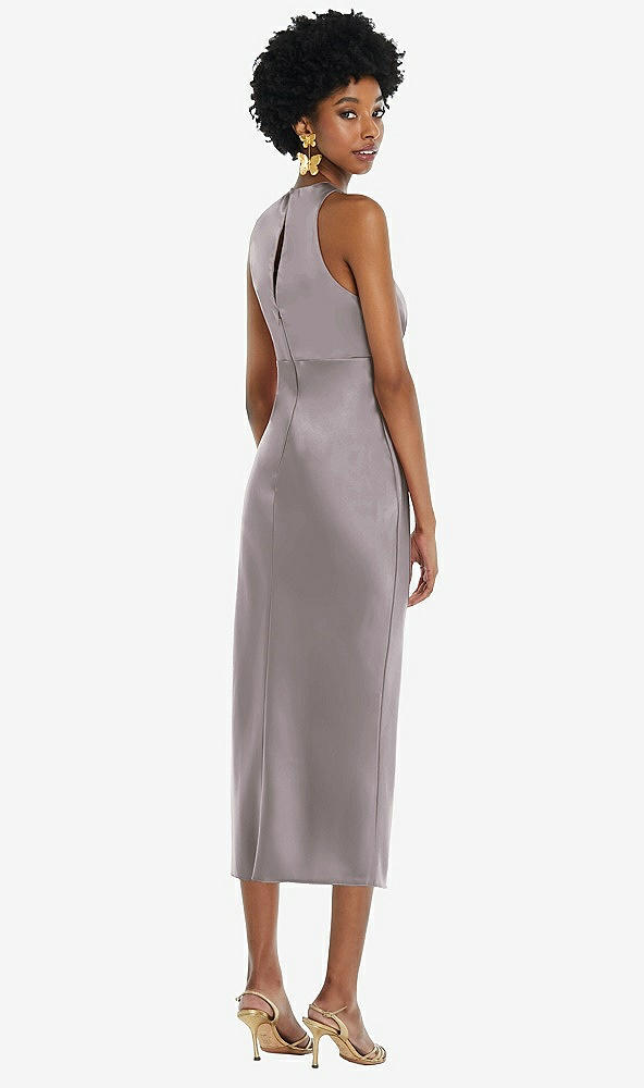 Back View - Cashmere Gray Jewel Neck Sleeveless Midi Dress with Bias Skirt