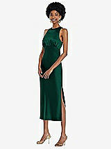 Front View Thumbnail - Hunter Green Jewel Neck Sleeveless Midi Dress with Bias Skirt