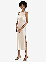 Front View Thumbnail - Oat Jewel Neck Sleeveless Midi Dress with Bias Skirt
