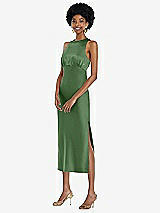 Front View Thumbnail - Vineyard Green Jewel Neck Sleeveless Midi Dress with Bias Skirt